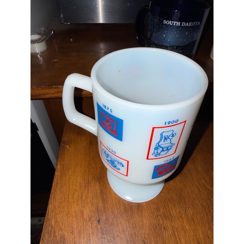 Vintage Milk Glass Telephone History Pedestal Mug Red Blue Graphic Timeline - Picture 2 of 4